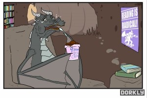un dragon nerd devant boukin avec un glace livre skyrim