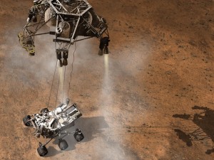 Vu d'artiste de l’atterrissage du rover Curiosity sur Mars