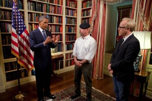 President Barack Obama records an episode of the Discovery Channel’s television show Mythbusters with co-hosts Jamie Hyneman and Adam Savage in the Library of the White House, July 27, 2010. (Official White House Photo by Chuck Kennedy)