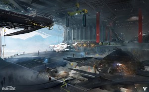 Destiny Concept Art par Jesse van Dijk hangar avion
